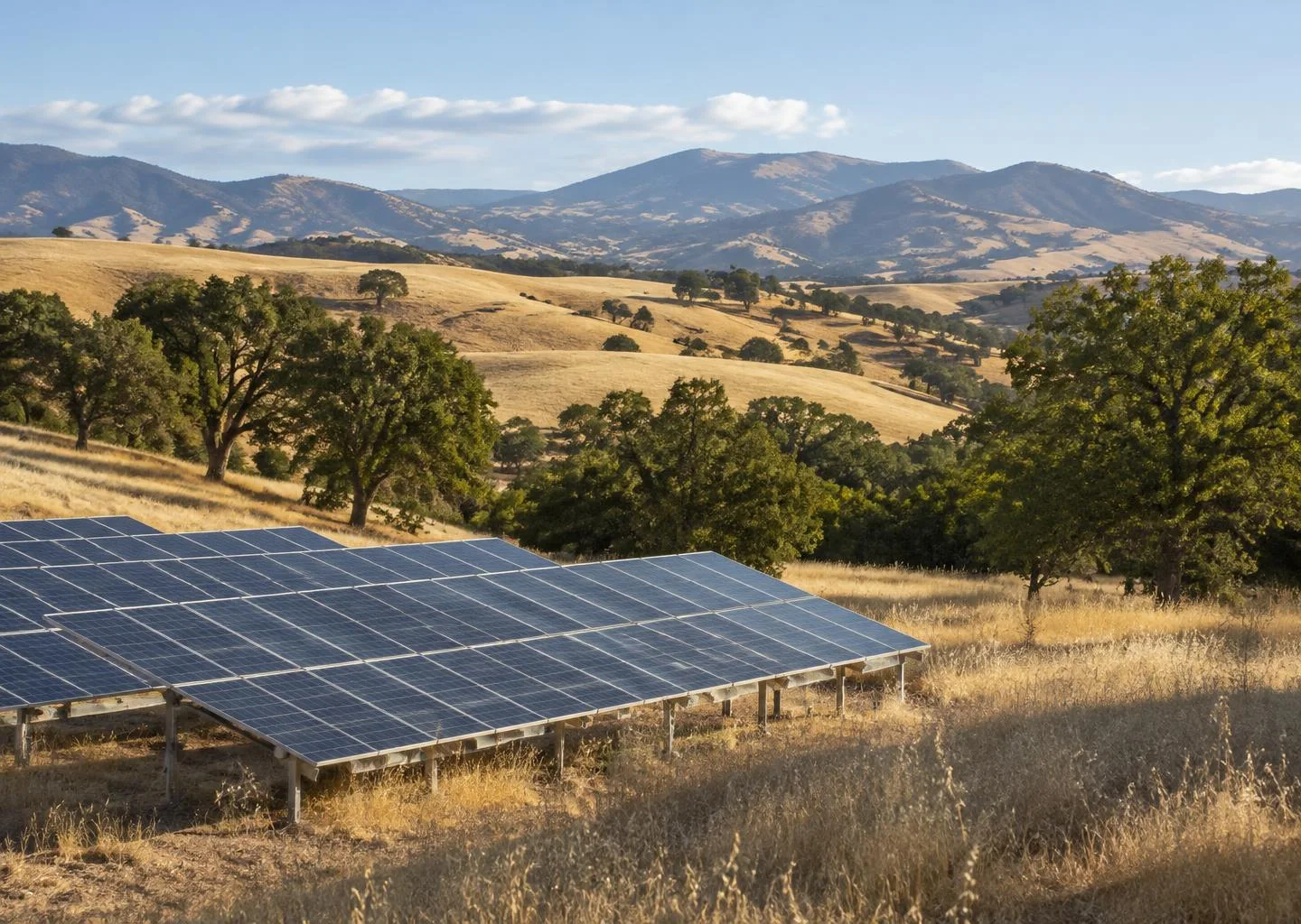 Solar panels overlooking open rolling California-style hills